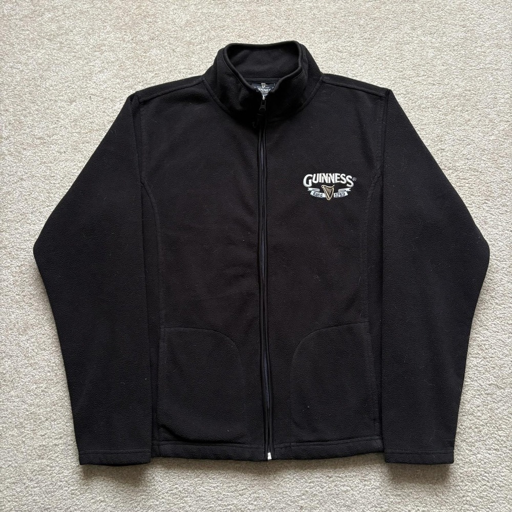 Guinness Fleece Jacket Mens Small Black Full Zip Beer Logo Official Merchandise